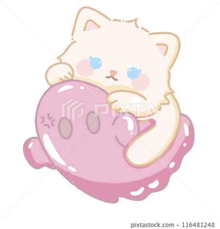 Hand drawn illustration kawaii cute pastel white cat kitten hugging a pink ghost 116481248
