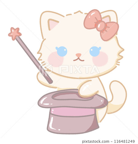 Hand drawn illustration kawaii cute pastel white cat kitten holding a wand and a magic top hat 116481249