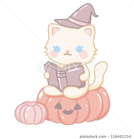 Hand drawn illustration kawaii cute pastel white cat kitten sitting a pumpkin reading a book wearing witch's hat 116481254