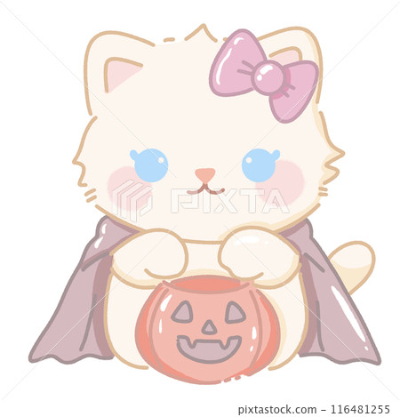 Hand drawn illustration kawaii cute pastel white cat kitten holding a jack of lantern 116481255