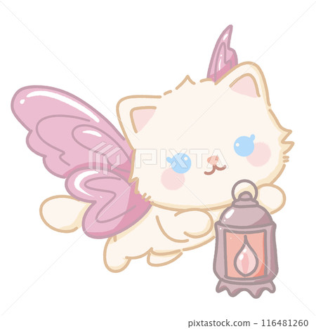 Hand drawn illustration kawaii cute pastel white cat kitten having pink butterfly wings flying and holding a lantern 116481260