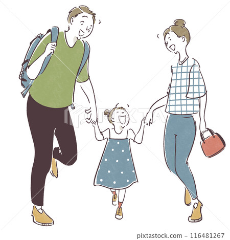 A simple hand-drawn illustration of a family of three walking hand in hand in summer A simple hand-drawn illustration of a family of three walking hand in hand in summer 116481267