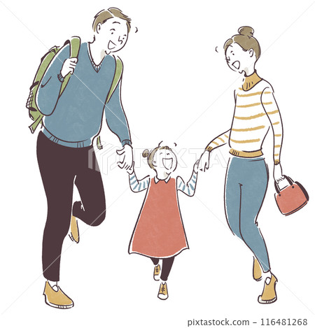 A simple hand-drawn illustration of a family of three walking hand in hand 116481268