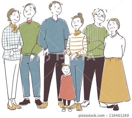 Simple hand-drawn illustration of a three-generation family photo of both families 116481269