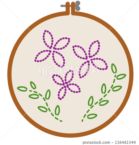 Illustration of an embroidery frame with embroidered flowers 116481349
