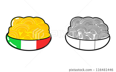 Plate of Spaghetti character outline cartoon illustration for coloring book. Vector hand drawn Spaghetti traditional cartoon vintage, retro, kawaii character. Isolated white background 116481446