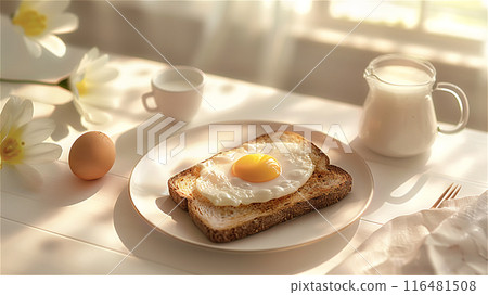 Bread, milk and fried eggs for breakfast 116481508