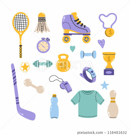 Set of bright sports elements in doodle style. tennis racket and shuttlecock. Roller skates for outdoor activities. Medal and cup for the champion 116481632