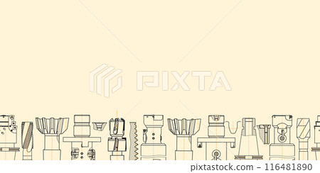 Mechanical engineering drawings on sepia background. Tap tools, borer. Technical Design. Cover. Blueprint. Seamless pattern. Vector illustration. 116481890