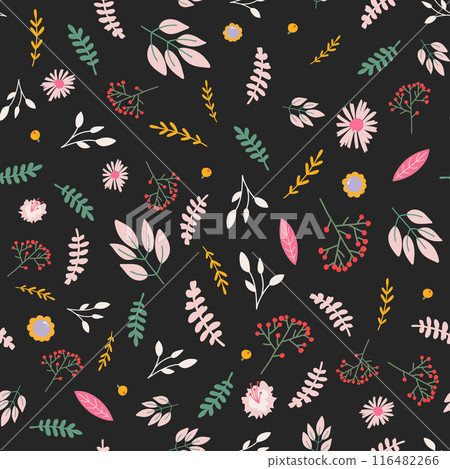 Vector floral seamless pattern with colorful flowers on the black background. Summer pattern. 116482266