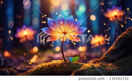 In a fantastical forest with glowing flowers 116482292