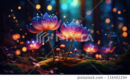 In a fantastical forest with glowing flowers 116482294