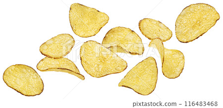 Falling kettle potato chips isolated on white background with clipping path, full depth of field Falling kettle potato chips isolated on white background with clipping path, full depth of field 116483468