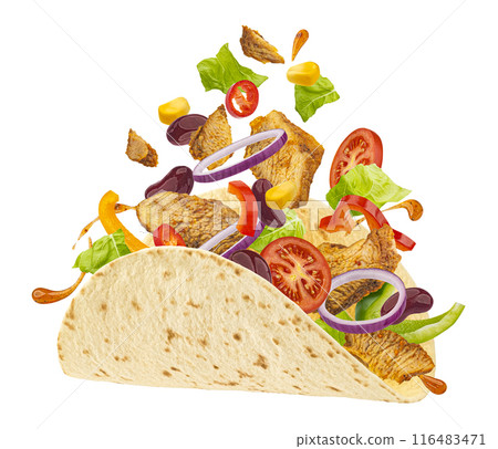 Doner kebab, falling chicken shawarma ingredients isolated on white background, full depth of field 116483471