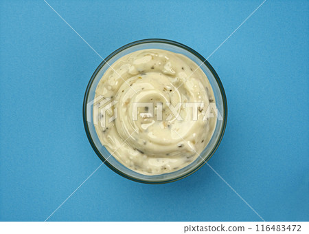 Garlic dip sauce, top view with copy space 116483472