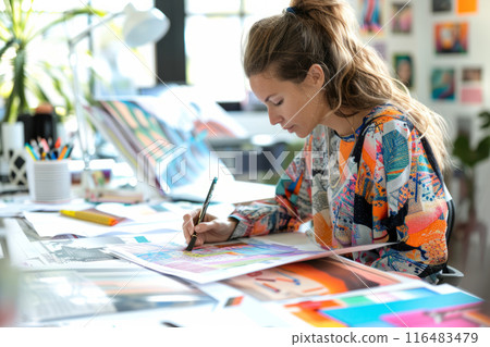 Female designer works on a colorful artistic...-插圖素材 [116483479] - PIXTA圖庫