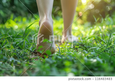 Bare feet walking on a natural forest path surrounded by green plants and flowers Bare feet walking on a natural forest path surrounded by green plants and flowers 116483483