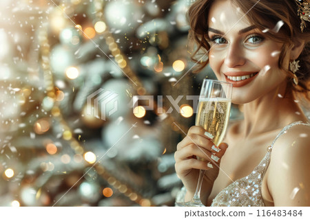 Woman in a festive dress holds a glass of champagne, smiling amidst sparkling holiday lights Woman in a festive dress holds a glass of champagne, smiling amidst sparkling holiday lights 116483484
