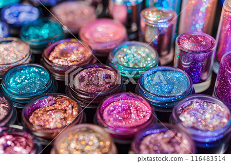 Colorful glitter eyeshadow palettes, vibrant sparkling array of makeup options Colorful glitter eyeshadow palettes, vibrant sparkling array of makeup options 116483514