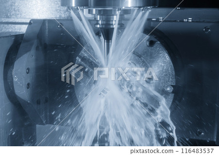 The 5-axis CNC milling machine  cutting the turbocharger part with liquid coolant method. 116483537