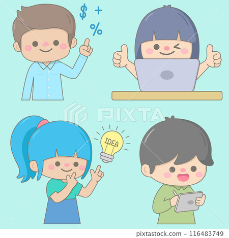 BUSINESS CONCEPT ILLUSTRATION COLLECTION OF SCENES AT OFFICE WITH MAN AND WOMAN IN BUSINESS ACTIVITY 116483749
