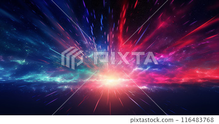 Abstract cosmic background. Hyperspace tunnel with an expanding galaxy, showcasing a cosmic explosion of energy and glow. Abstract cosmic background. Hyperspace tunnel with an expanding galaxy, showcasing a cosmic explosion of energy and glow. 116483768