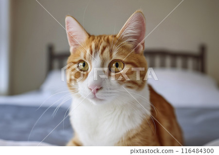 Cat. Cute cat looking at camera. Close up cat. Cute cat sitting on the bed at home. Selective focus. Background of a study. Cat on the bed. Cat on a cardboard box. Cat lying on the ground. Cat licking 116484300