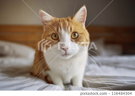 Cat. Cute cat looking at camera. Close up cat. Cute cat sitting on the bed at home. Selective focus. Background of a study. Cat on the bed. Cat on a cardboard box. Cat lying on the ground. Cat licking 116484304
