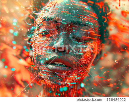 This is a close-up portrait of a womans face, rendered with a digital overlay of intricate patterns and abstract code, creating a futuristic, surreal image 116484922