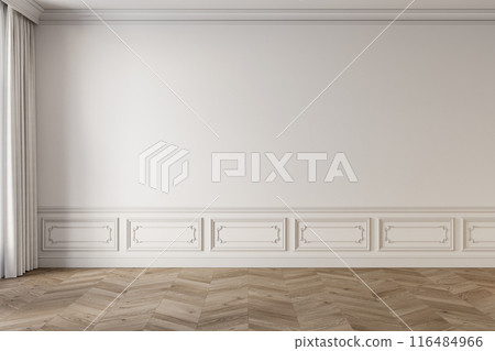Classic white empty interior with blank wall, chevron wood floor, curtains and moldings. 3d render illustration mockup. Classic white empty interior with blank wall, chevron wood floor, curtains and moldings. 3d render illustration mockup. 116484966