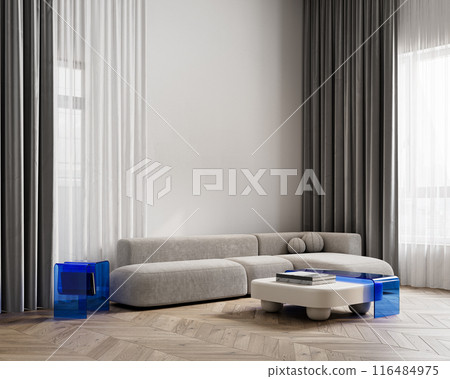 Contemporary minimalism interior with sofa, blue transparent plastic coffee tables, wood floor and silver curtains. 3d render illustration mockup. 116484975