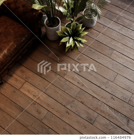 Brown old hardwood floor planks in interior, top view. 3d render illustration mockup. 116484976