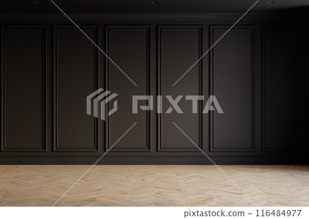 Black classic interior with blank wall with moldings and chevron wood floor. 3d render illustration mockup. 116484977
