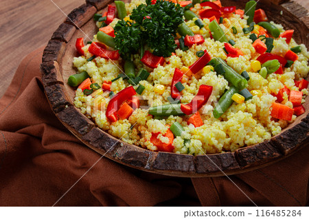 couscous with vegetables, paprika, carrots, string beans, corn, homemade, top view, no people, 116485284