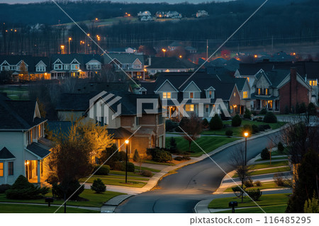 At night, small countryside American town with private houses in landscape AI Generative 116485295