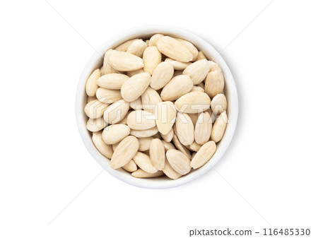 Bowl plate with healthy white shelless almond nuts isolated on white background. Bowl plate with healthy white shelless almond nuts isolated on white background. 116485330