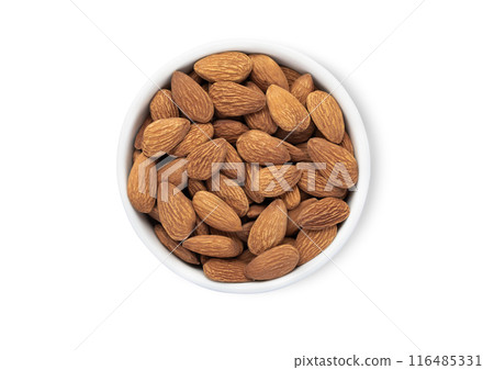 Bowl plate with healthy organic almond nuts isolated on white background. 116485331