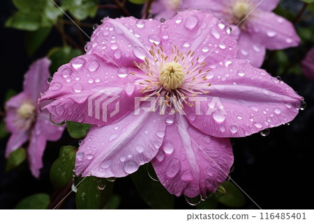 Blooming clematis in the garden. Blooming clematis in the garden. 116485401