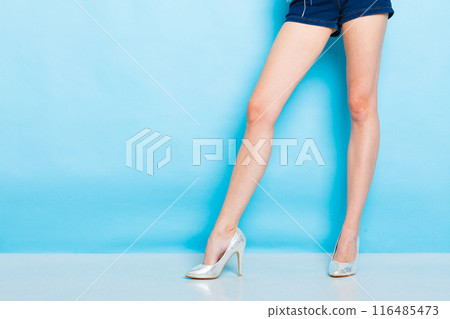 Female legs in silver high heels shoes Female legs in silver high heels shoes 116485473