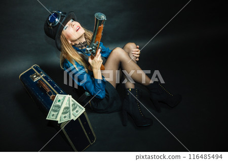 Steampunk girl with cash. 116485494