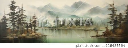Morning mist rises from lake into trees. Beautiful scenery landscape. 116485564