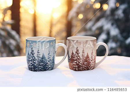Decorated christmas coffee mug with winter forest landscape and snow. 116485653