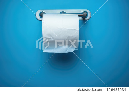 A white roll of soft toilet paper neatly hanging on a modern chrome holder. 116485684
