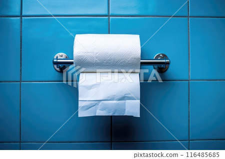 A white roll of soft toilet paper neatly hanging on a modern chrome holder. 116485685