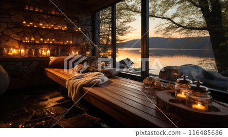Front view of empty Finnish sauna room. Modern interior of wooden spa cabin with dry steam. 116485686