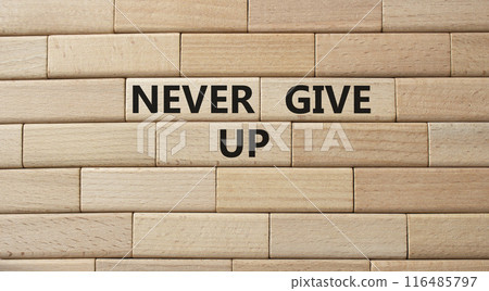 Never give up symbol. Concept words Never give up on wooden blocks. Beautiful wooden background. Business and Never give up concept. Copy space. 116485797