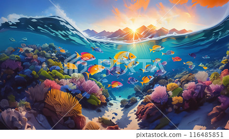 Illustration of fish swimming in a coral reef 116485851