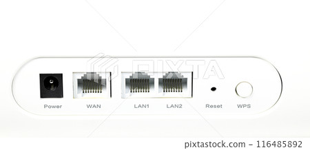 Lan, WAN ports and WPS switch on back side of modern wireless router. Lan, WAN ports and WPS switch on back side of modern wireless router. 116485892
