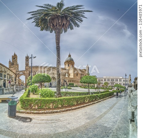Panoramic picture of Palermo Cathedral and the forecourt without people Panoramic picture of Palermo Cathedral and the forecourt without people 116485971
