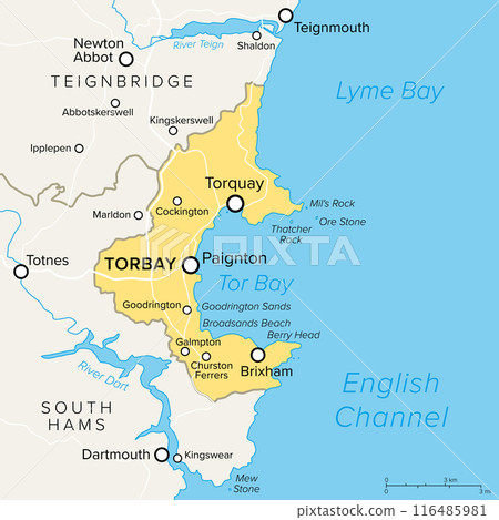 English Riviera in Torbay, England, political map. Geopark and popular tourist destination around the Tor Bay on the English Channel, with the towns Torquay, Paignton and Brixham, in the county Devon. 116485981